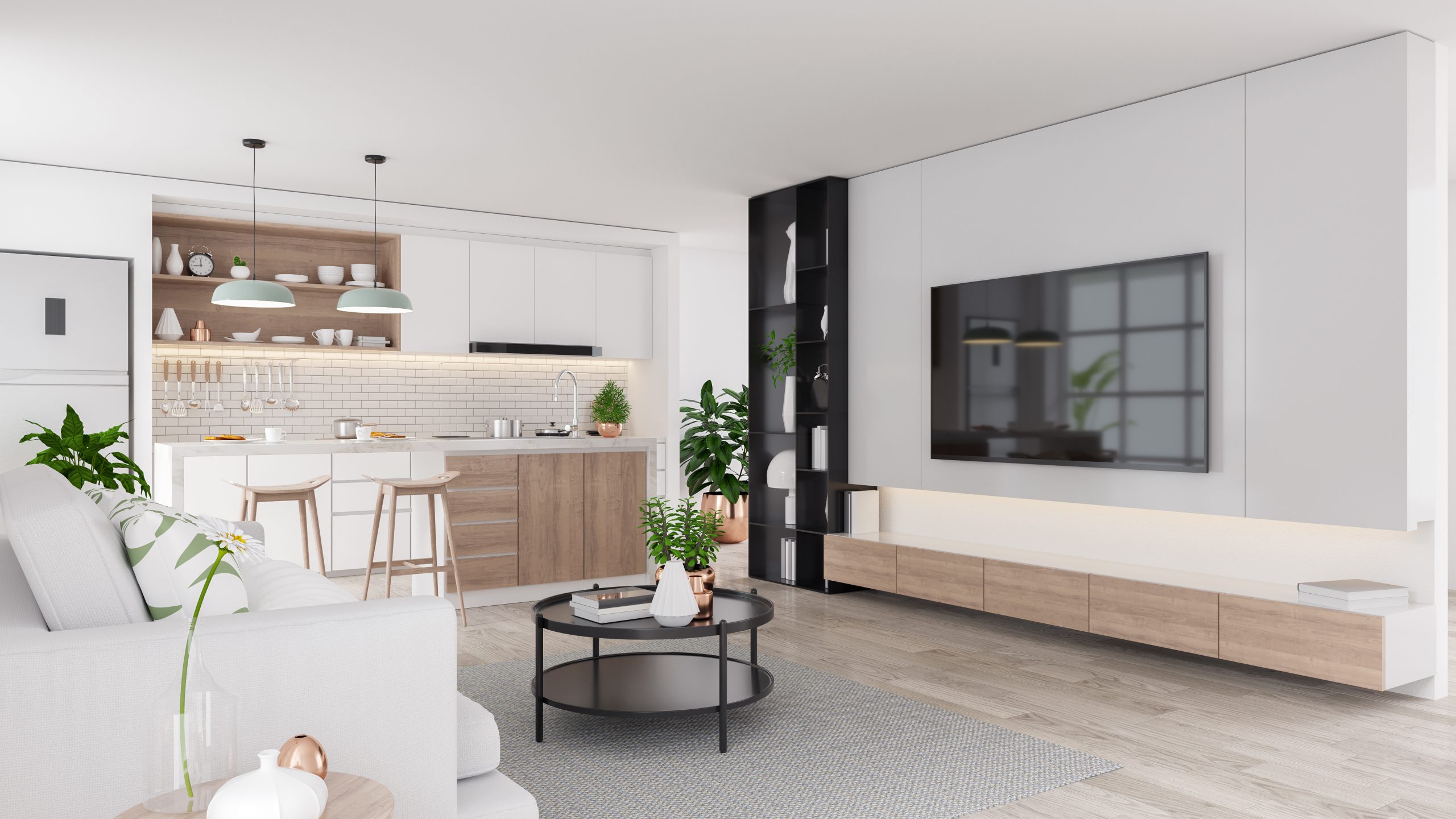 Modern mid century living and kichen room interior concept design,cozy home ,3drender